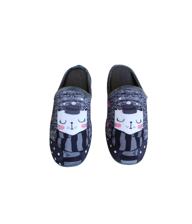 WOMEN'S WINTER SLIPPERS WITH CAT PATTERN - BURGUNDY/GRAY