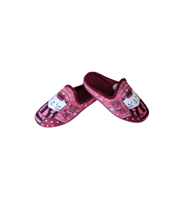 WOMEN'S WINTER SLIPPERS WITH CAT PATTERN - BURGUNDY/GRAY