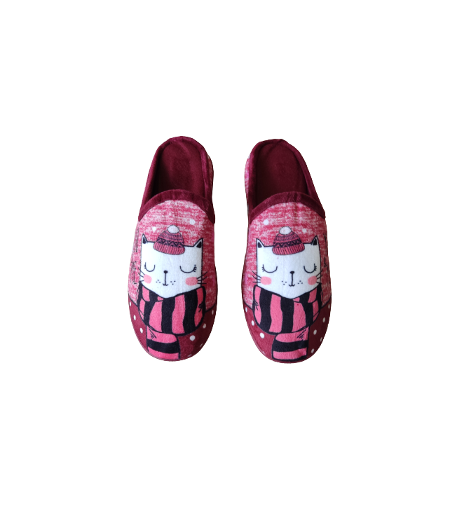 WOMEN'S WINTER SLIPPERS WITH CAT PATTERN - BURGUNDY/GRAY