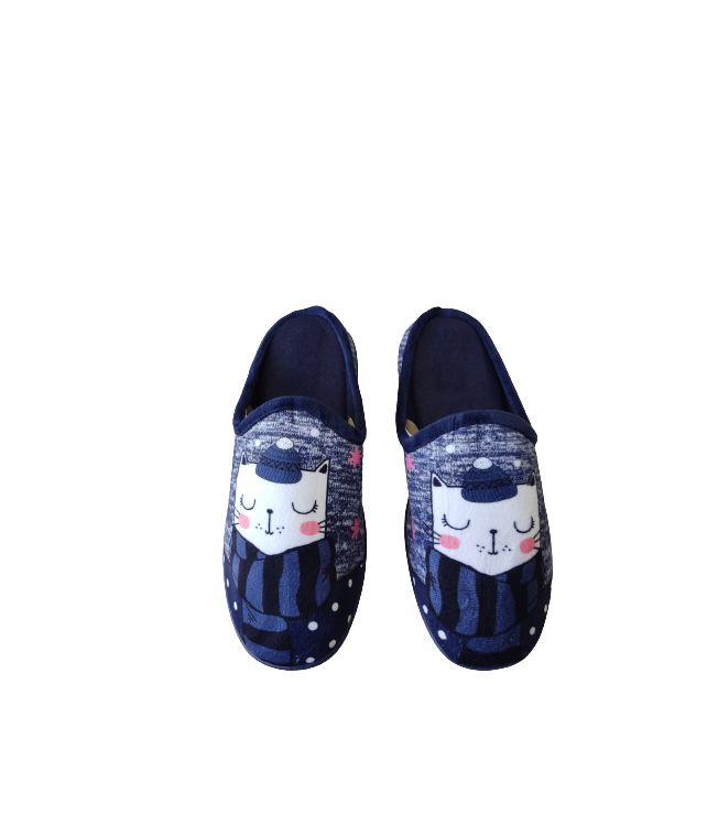 WOMEN'S WINTER SLIPPERS WITH CAT PATTERN - PURPLE/BLUE