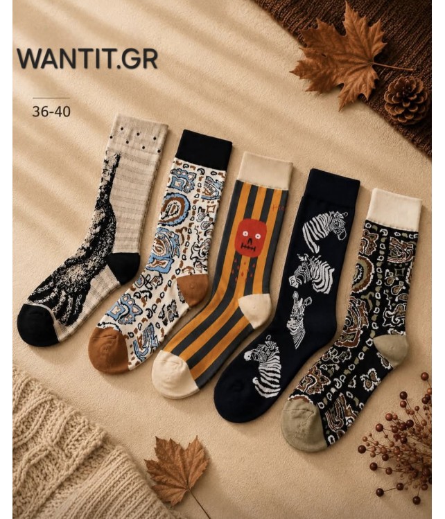 WOMEN'S STRIPED CREW SOCKS WITH FUNKY SMILEY FACE