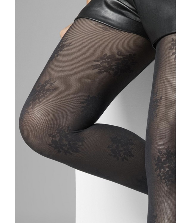 WOMEN'S MATTE MESH TIGHTS WITH LACE FLORAL PATTERN- BLACK & CAFFE
