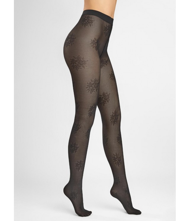 WOMEN'S MATTE MESH TIGHTS WITH LACE FLORAL PATTERN- BLACK & CAFFE