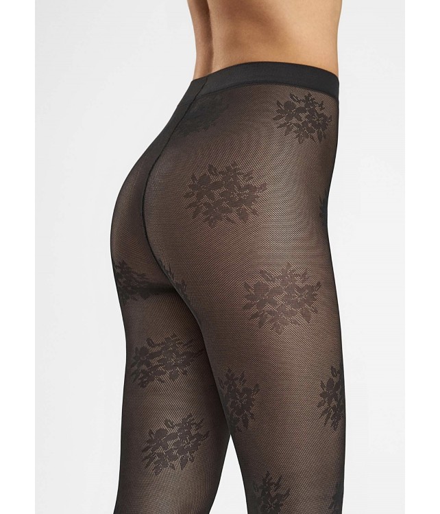 WOMEN'S MATTE MESH TIGHTS WITH LACE FLORAL PATTERN- BLACK & CAFFE